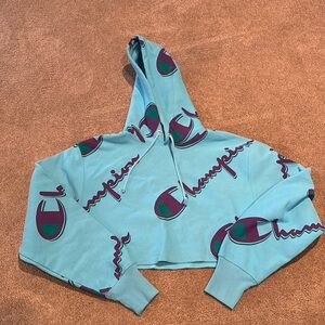 Champion Teal Cropped Hoodie with Purple Logo